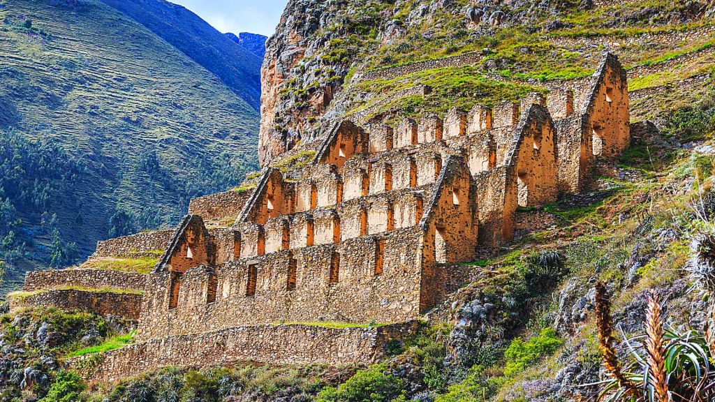 Inca granaries on a steep hillside overlooking the village of Ollantaytambo.