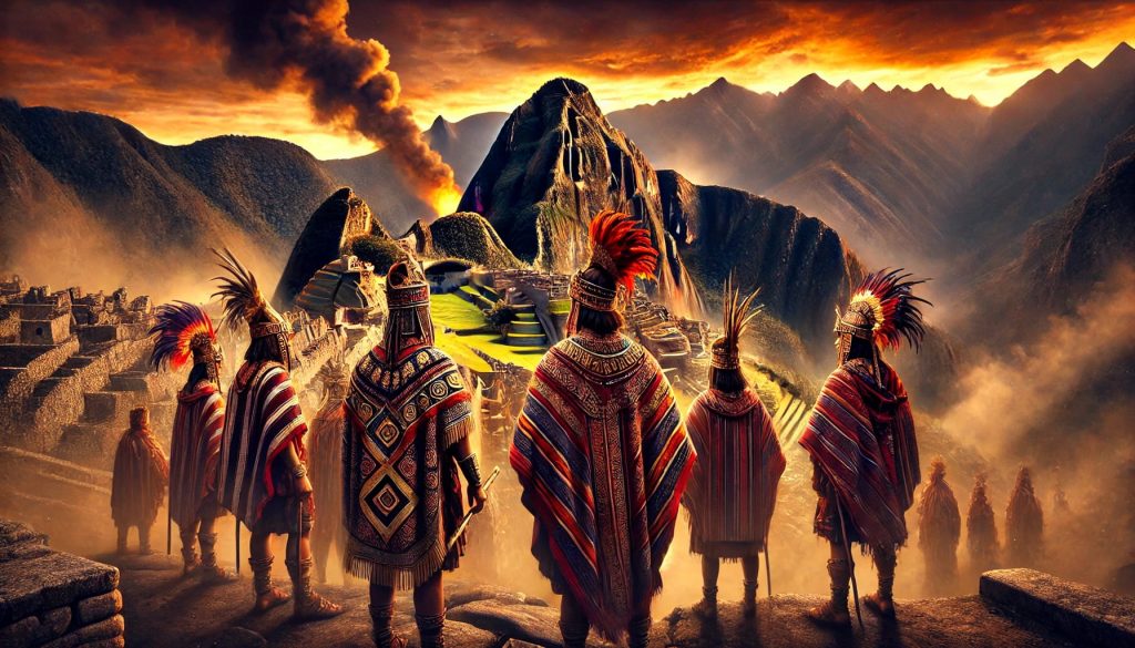 Group of Inca warriors in traditional attire overlooking Machu Picchu, with dramatic lighting and a mystical atmosphere evoking the power of Inca Culture - Ali Peru Treks.