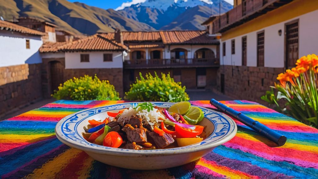 Traditional Peruvian Lomo Saltado, a stir-fried beef dish with rice and vegetables, served on a colorful Andean tablecloth with a scenic mountain backdrop, showcasing the rich gastronomy of the Peruvian highlands - Ali Peru Trek.