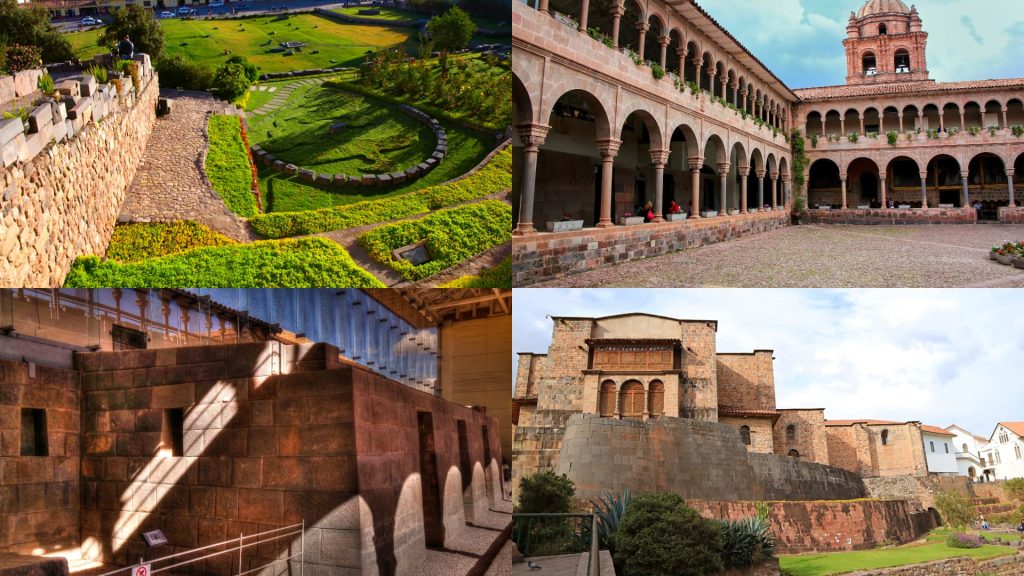 A stunning collage of Qorikancha in Cusco, Peru, showcasing its Inca stone walls, colonial courtyards, sacred gardens, and architectural fusion. - Ali Peru Trek.