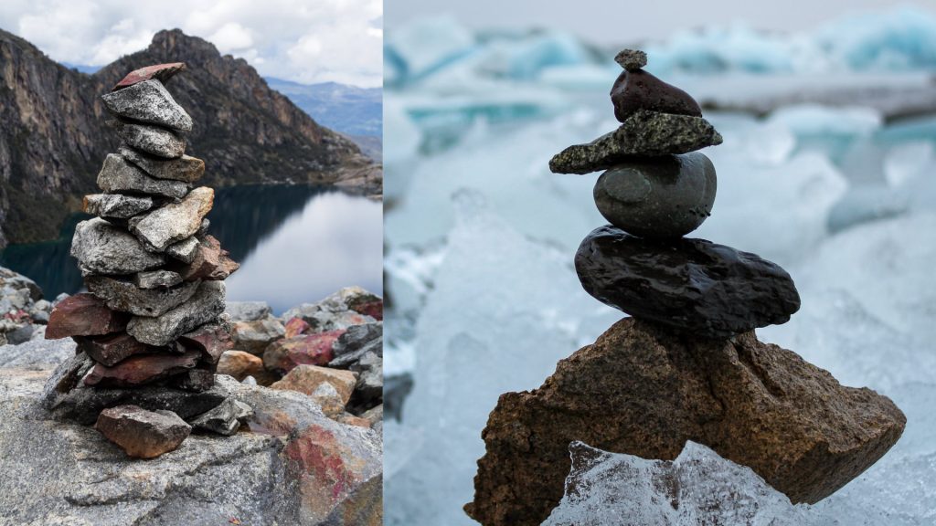 A split image featuring two different types of stacked stone cairns (Apachetas); one made of rough, multi-colored rocks by a serene lake, and another made of smooth, dark stones amidst icy, blue surroundings - Ali Peru Treks.