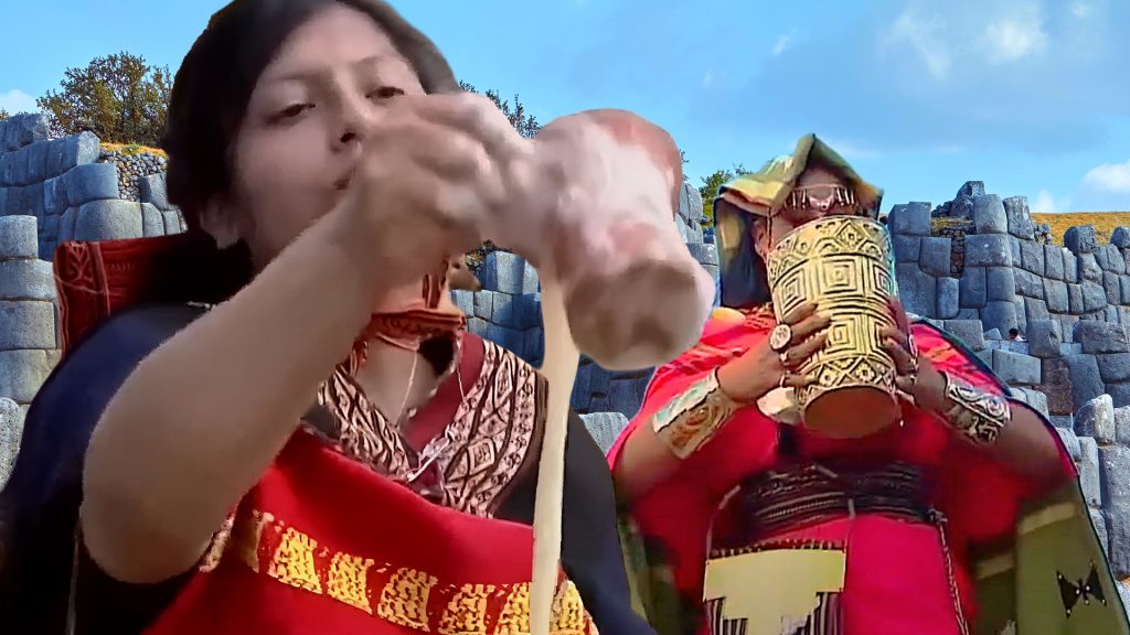 Two individuals in traditional Andean clothing share Chicha de Jora from ceremonial vessels at ancient stone ruins – Ali Peru Treks