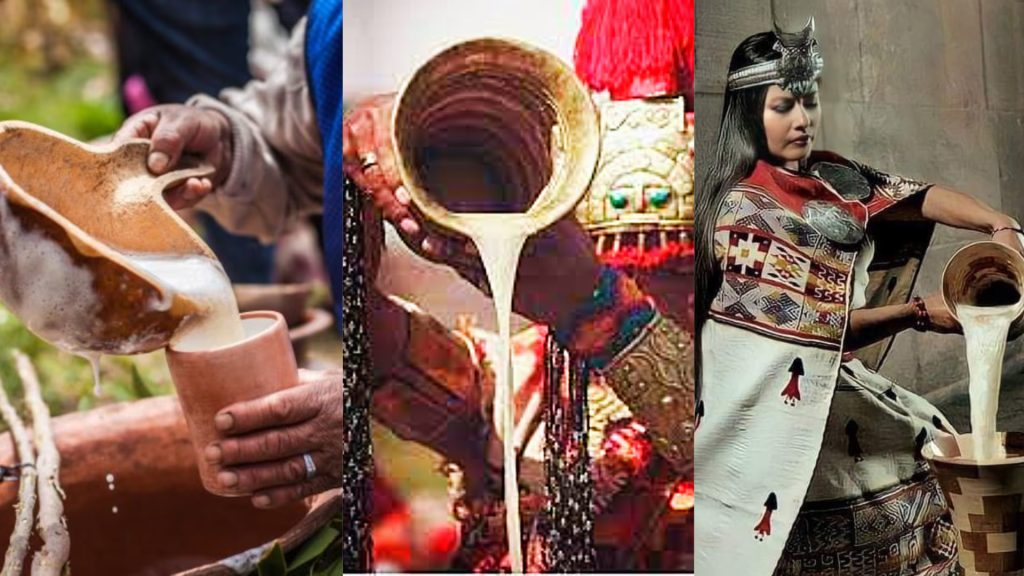 Three traditional Andean scenes showing individuals pouring Chicha de Jora from decorated vessels as part of cultural rituals – Ali Peru Treks
