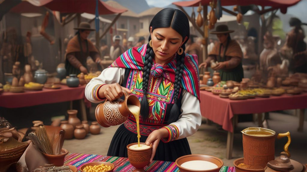 Woman in traditional Andean attire pouring Chicha de Jora from a clay pitcher into a cup at a vibrant market stall – Ali Peru Treks