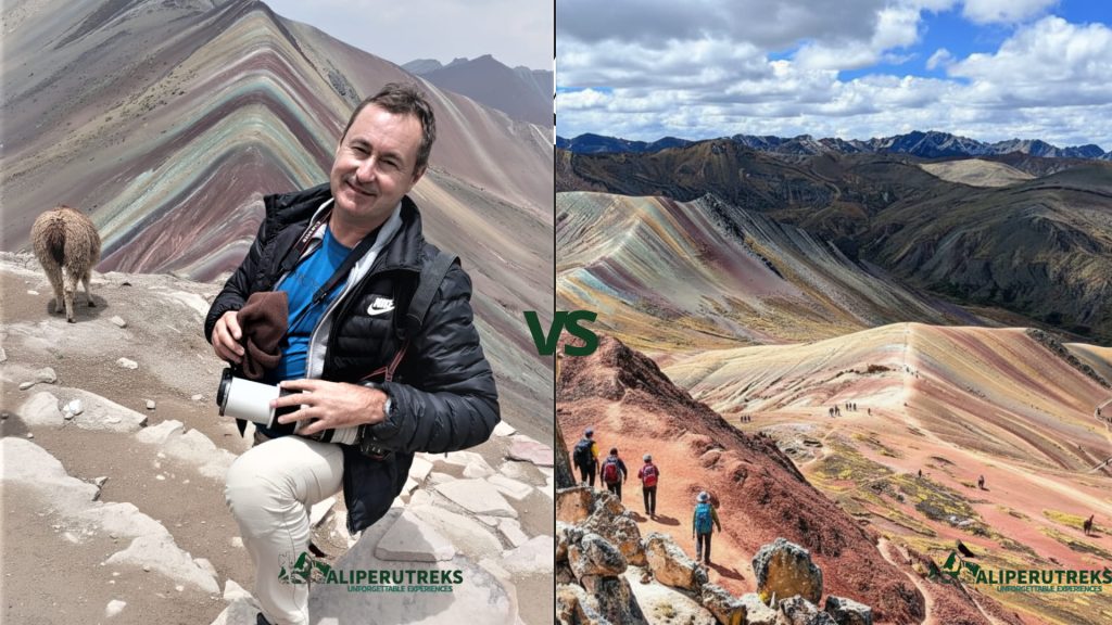 Discover the breathtaking beauty of Palcoyo, Peru's alternative Rainbow Mountain, featuring vibrant mineral stripes, adventurous tourists, and local llamas. Perfect for trekking and photography enthusiasts.-aliperutreks