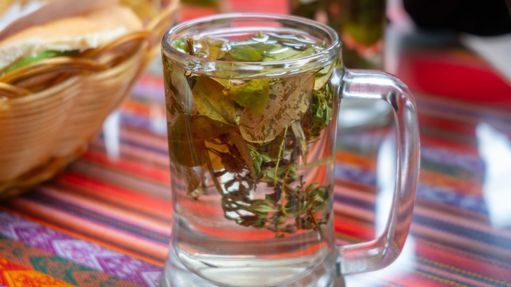 Glass mug of coca leaf infusion on a colorful Andean textile, served with bread during a morning break on the Salkantay Trek to Machu Picchu – Ali Peru Treks