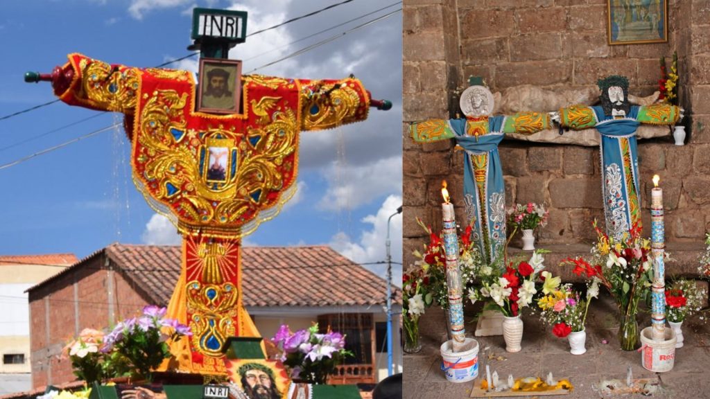Two richly decorated Andean crosses, one in outdoor procession and one in indoor altar, representing the Cruz Velacuy tradition – Ali Peru Treks