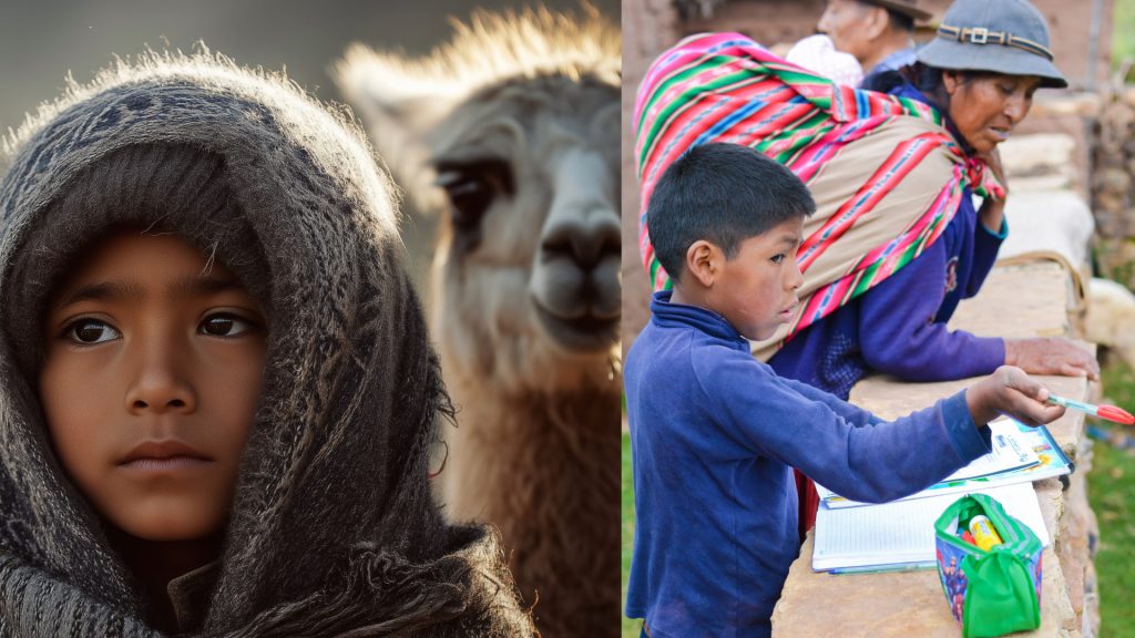 Child wrapped in woolen garment beside a llama, and local family engaging in outdoor activity, reflecting cultural context of the Lares Trek Packing List – Ali Peru Treks