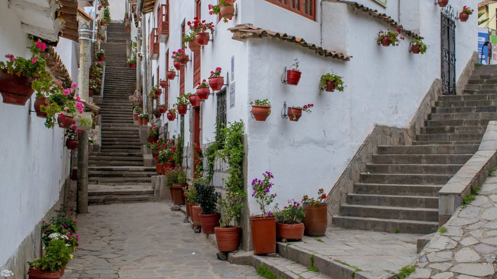 A view of a charming, narrow street in the San Blas Cusco neighborhood, featuring colonial walls, steep steps, and vibrant potted flowers, highlighting one of the best things to do Cusco. - Ali Peru Treks