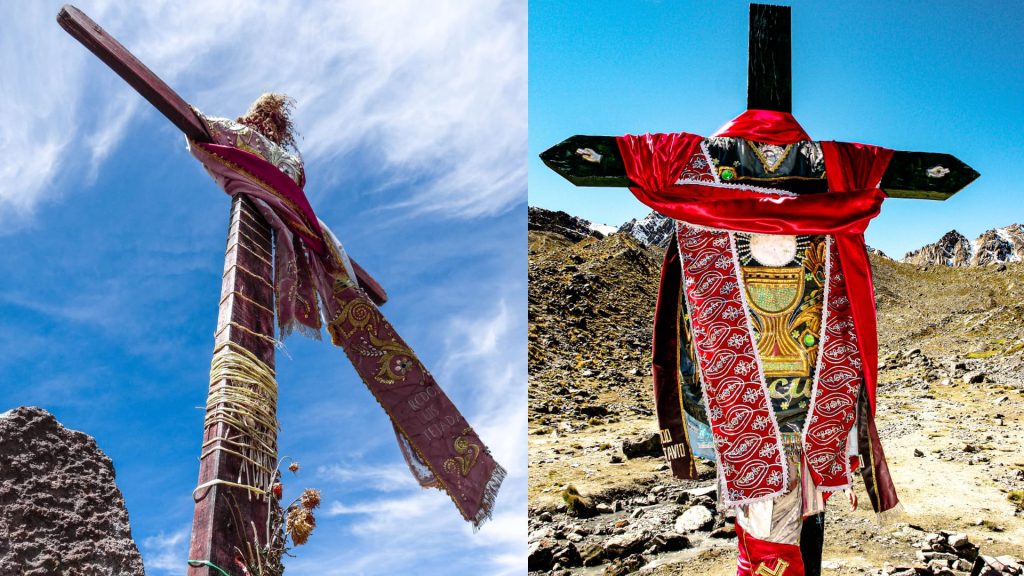 Two decorated Andean crosses wrapped in red and gold textiles, photographed in mountain landscapes, representing the Cruz Velacuy tradition – Ali Peru Treks