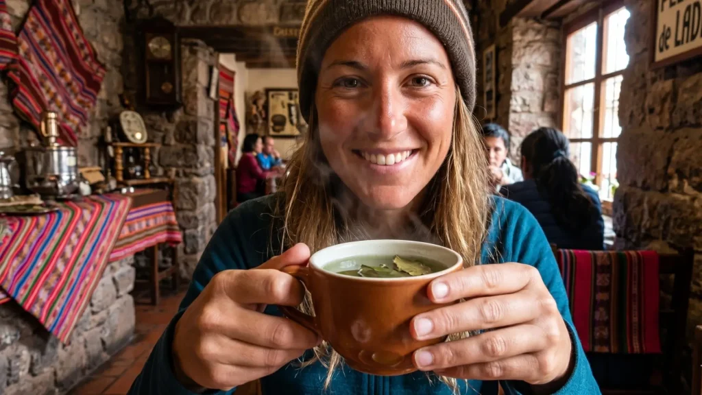 A traveler enjoys traditional Andean Coca Tea to help with altitude acclimatization in Cusco.