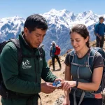 An Ali Perú Treks guide monitors a hiker's oxygen saturation on the trail for safety.