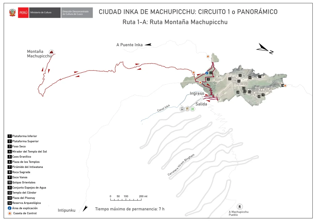 Circuit 1 Route 1A Machu Picchu Mountain map and trekking path