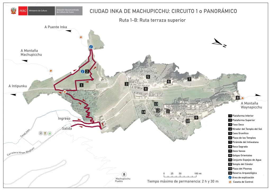Circuit 1 Route 1B upper terrace Machu Picchu map official route