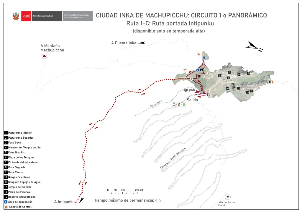 Circuit 1 Route 1C Intipunku Sun Gate Machu Picchu trekking route high season map