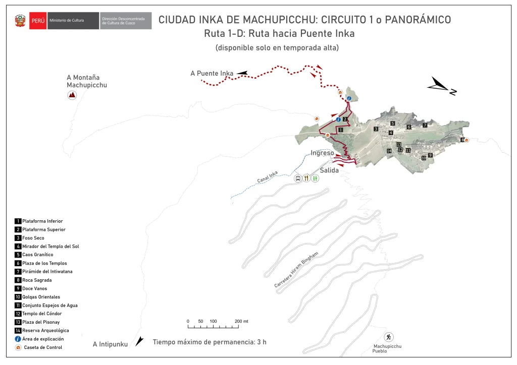 Circuit 1 Route 1D Inca Bridge Machu Picchu map route high season