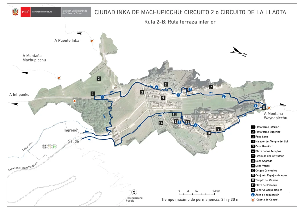 Circuit 2 Route 2B lower terrace Machu Picchu classic circuit map