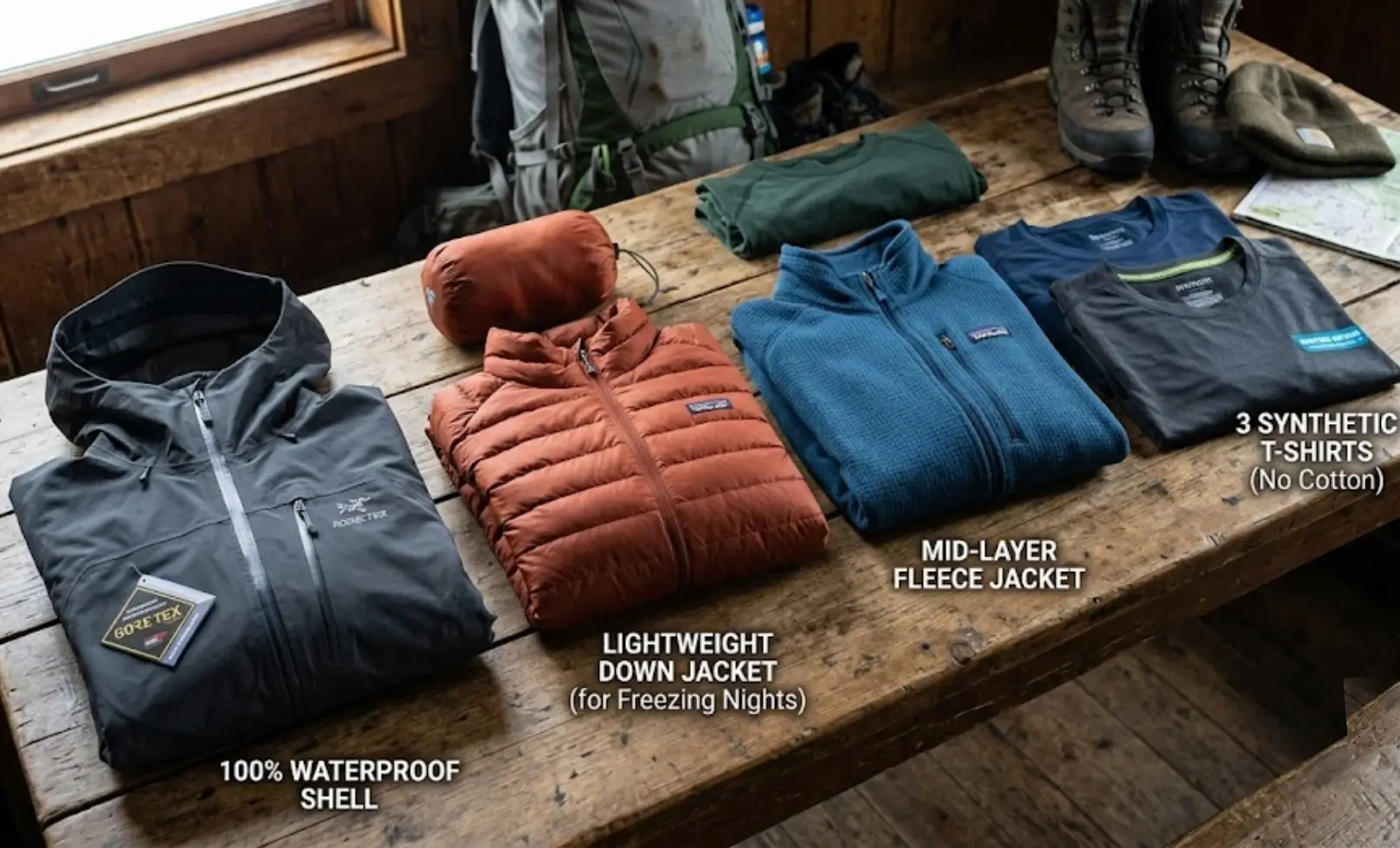 Essential hiking clothes layered on a table for an Inca Trail packing list