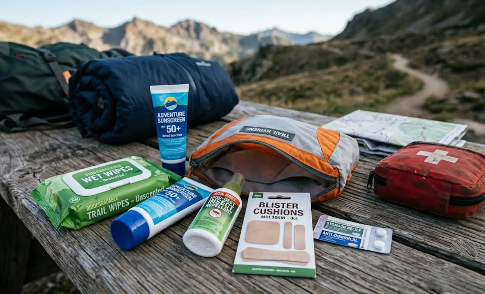 Essential hiking first aid kit and toiletries on a wooden table in the mountains