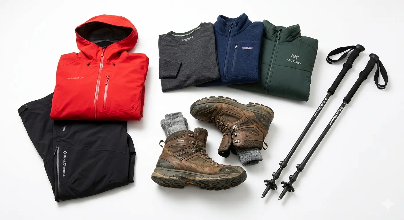 Layered clothing, Waterproof jacket and pants, Broken-in hiking boots, Trekking poles
