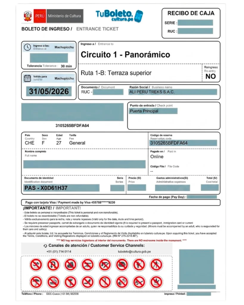 Official ticket for the Inca Trail to Machu Picchu