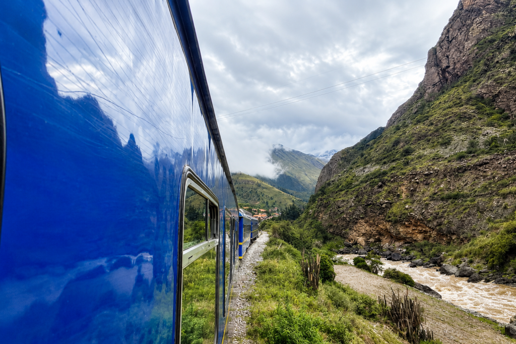 Panoramic view from the PeruRail Vistadome train on the way to Machu Picchu