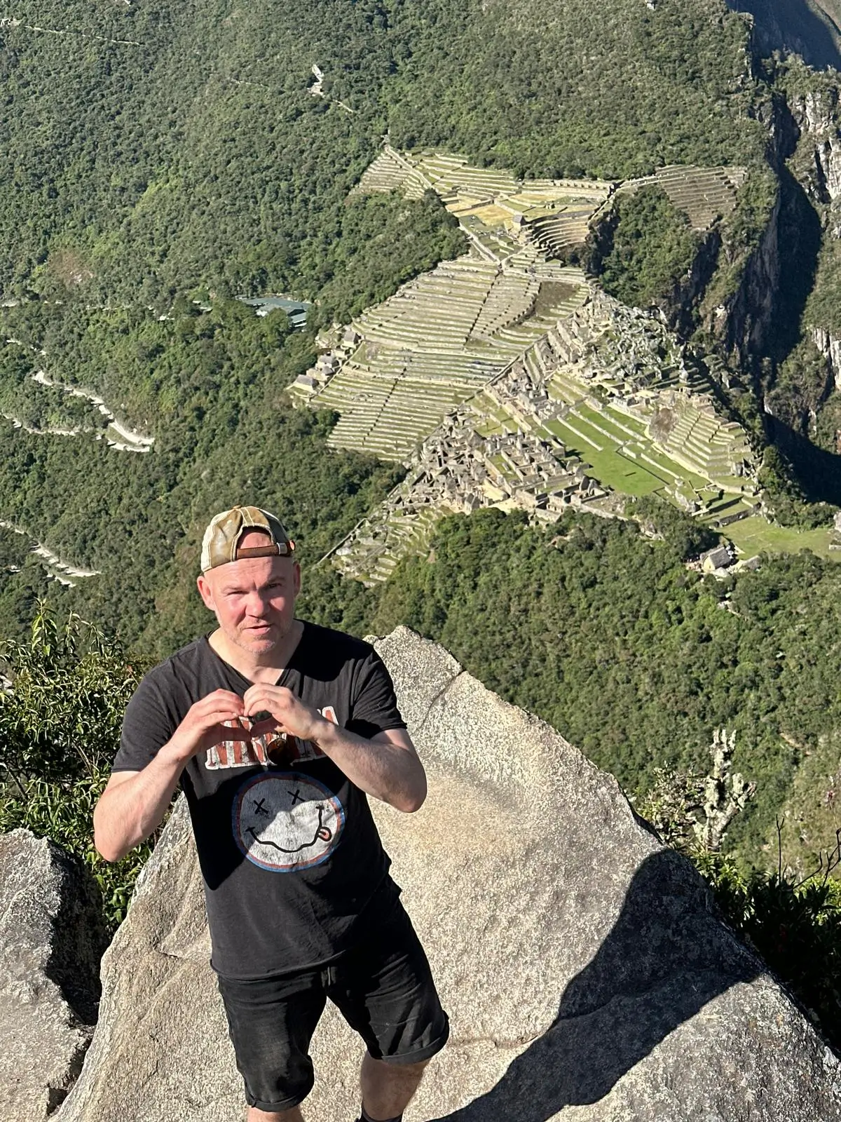 Panoramic view of the Inca citadel of Machu Picchu from the summit of Huayna Picchu Mountain
