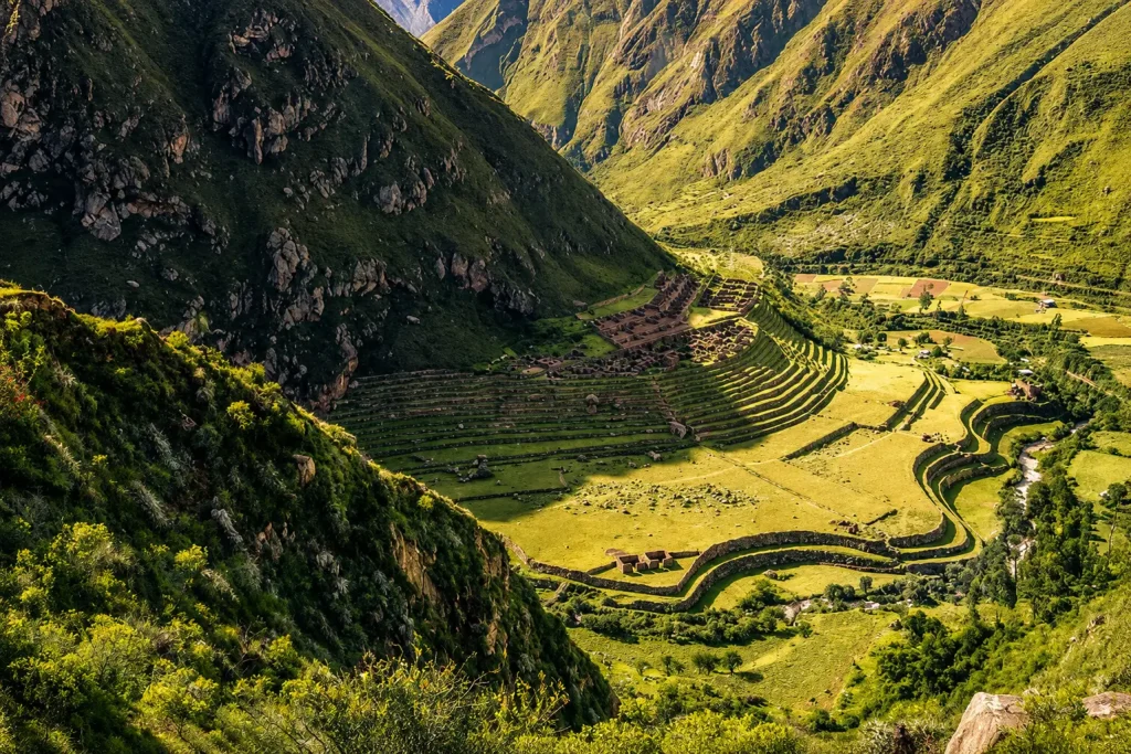Patallacta (or Llactapata) archaeological complex, famous for its extensive agricultural terraces along the Ancascocha Trek