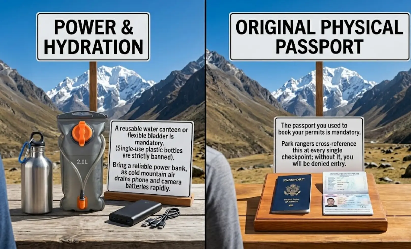 Signs displaying mandatory Inca Trail rules regarding passports, hydration bladders, and power Banks