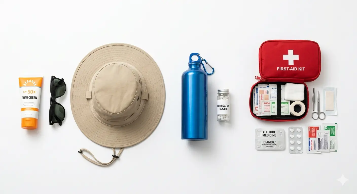 Sunscreen, sunglasses, and a hat, Refillable water bottle, Personal first-aid kit