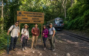 This scene is located at KM 104 of the Inca Trail, specifically at the starting point of the two-day hike to Machu Picchu, known as Chachabamba