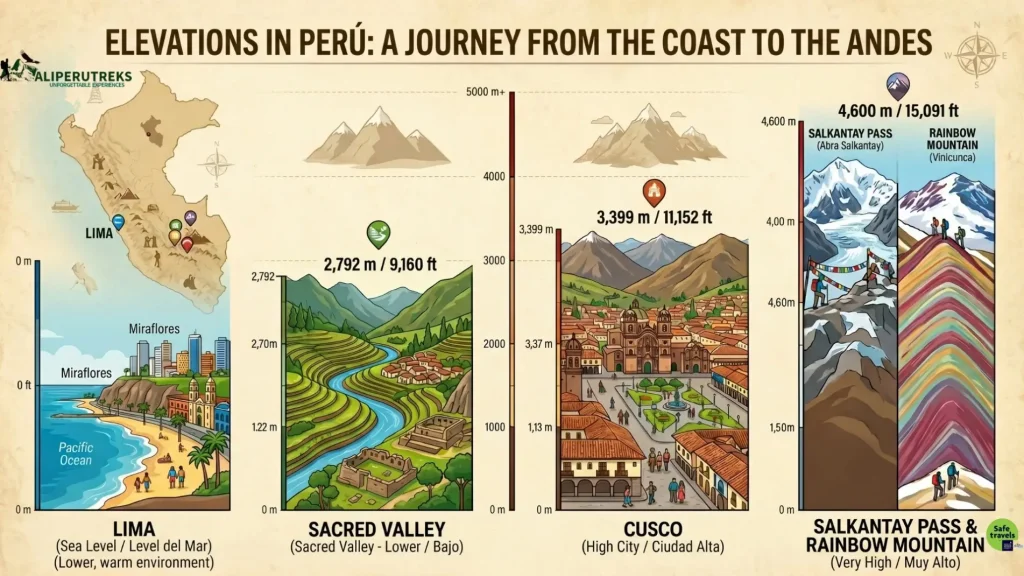  Infographic comparing elevation levels in Cusco, Sacred Valley, Lima, and major treks in Peru.