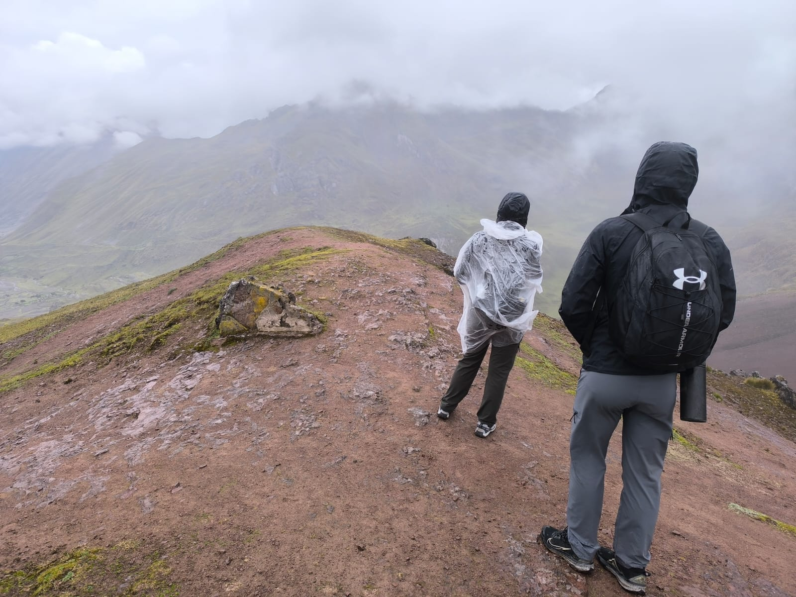 Rain jacket, trekking poles, and warm layers packed for the Inca Trail in December